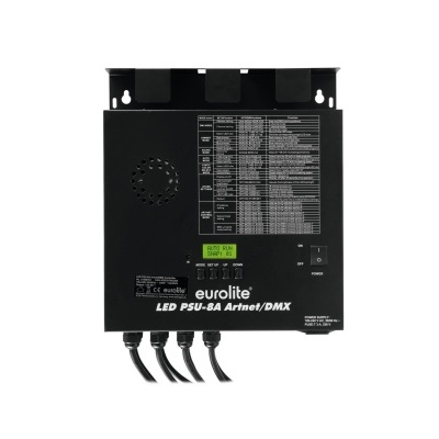 Fonte de alimentação preta Eurolite LED PSU-8A ArtNet/DMX com texto branco e entradas na parte inferior