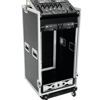 Móvel de equipamento para DJ com mesa de mistura e controladores em madeira preta sobre rodas