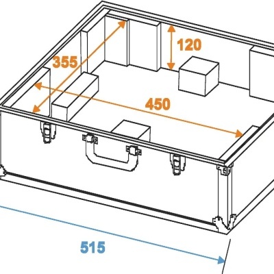 Desenho técnico de uma mala aberta com dimensões em milímetros