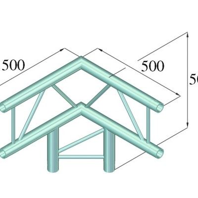 Estrutura metálica triangular com tubos verdes claros e dimensões 500 mm