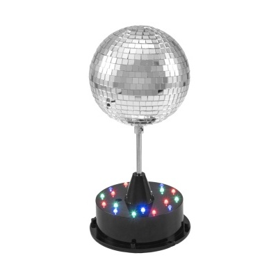 Bola de espelhos tipo discoteca com base preta e luzes LED coloridas