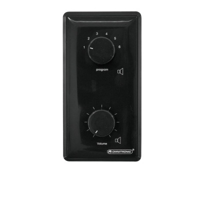 Painel de controlo de som preto com botões para programa e volume