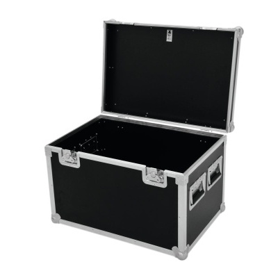 Caixa preta aberta com armação metálica prateada e pegas laterais