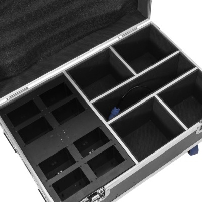 Mala de transporte metálica aberta com vários compartimentos internos de espuma preta