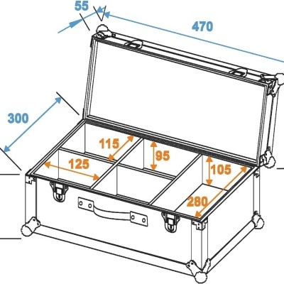 Mala retangular com tampa aberta e divisórias internas, medidas em milímetros