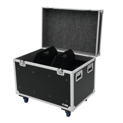 Caixa de transporte preta com interior cinzento e rodas azuis