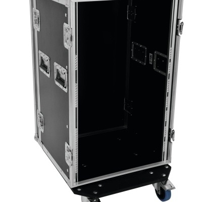 Mala de transporte preta com rodas azuis e estrutura metálica