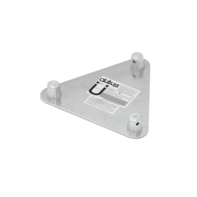 Placa triangular metálica com três suportes e etiqueta com texto