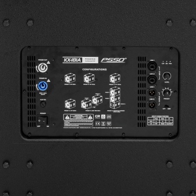 Painel traseiro de equipamento de som preto com conexões e etiquetas KX-181A PSSO