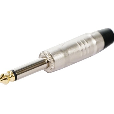 Conector jack de áudio 6,35 mm metálico prateado com ponta dourada