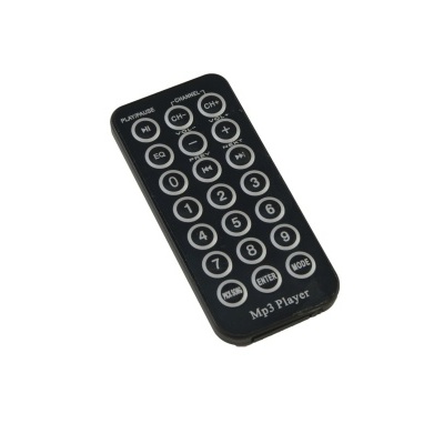 Controlo remoto preto para MP3 Player com botões redondos e texto branco