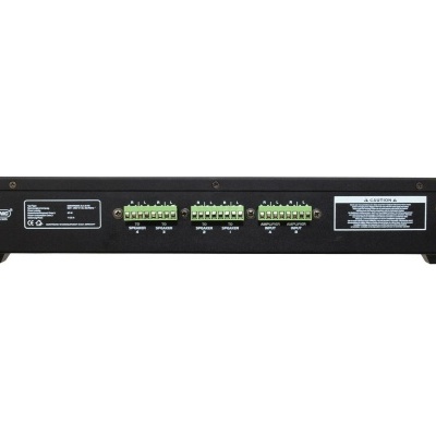 Dispositivo eletrônico preto com conectores verdes e etiquetas de informação