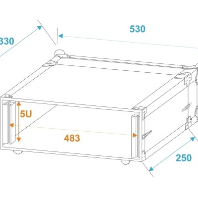 Rack de equipamento eletrônico com dimensões técnicas em mm e altura 5U