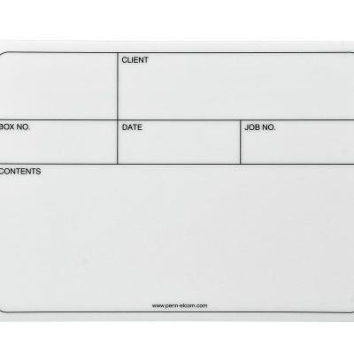 Etiqueta adesiva branca com áreas para preencher dados de cliente, caixa, data, trabalho e conteúdo