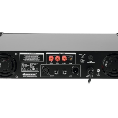 Amplificador de áudio preto com ventoinhas e terminais de saída