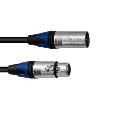 Cabo áudio com conectores XLR prateados com detalhes em azul e preto