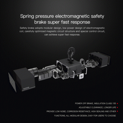 Travão eletromagnético modular com várias peças metálicas cinzento e preto