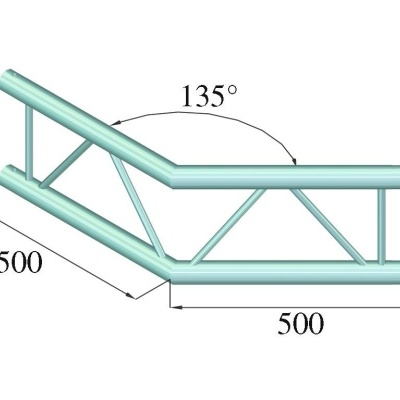 Estrutura metálica tubular azul em ângulo de 135 graus com medidas 500 mm.
