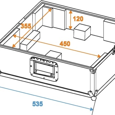 Desenho técnico de estojo retangular com medidas em milímetros e estrutura metálica