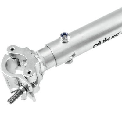 Tubo metálico prateado com fixação ajustável e parafuso