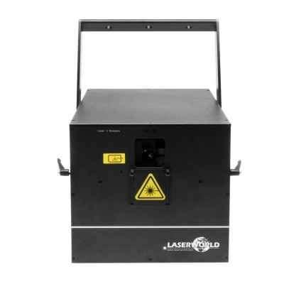 Equipamento retangular preto com sinais de aviso de laser e logótipo LASERWORLD