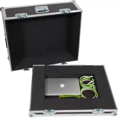 Mala de transporte preta aberta mostrando portátil e cabos verdes e brancos no interior em espuma