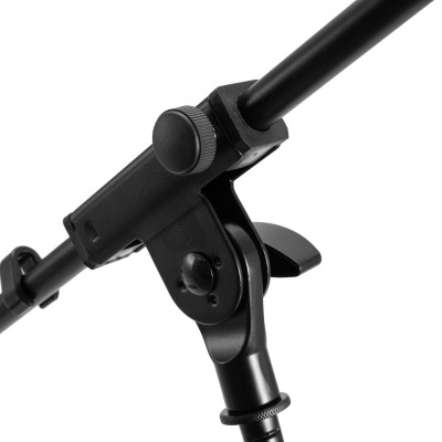 Suporte metálico preto ajustável com botão de trava e mola