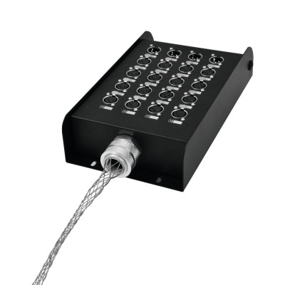 Caixa preta com múltiplas entradas XLR e cabo protegido por malha metálica