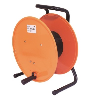 Carretel de metal laranja com suporte preto