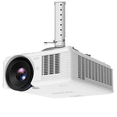 Projetor branco montado no teto com lente preta