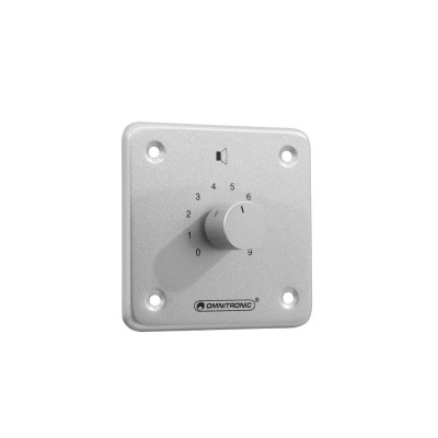 Interruptor rotativo cinza com números e ícone de som em placa metálica.