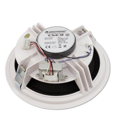 Coluna embutida branca Omnitronic CSE-8 com cone preto e fios de ligação