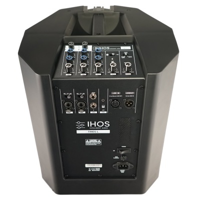 Coluna de som preta com várias portas e botões