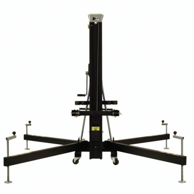 Suporte de tripé metálico preto com pernas e rodas