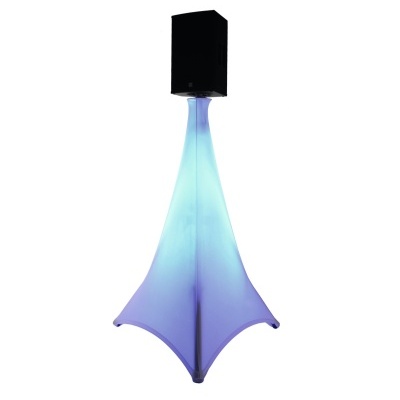 Coluna de som preta sobre suporte triangular azul