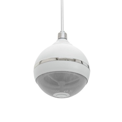 Lâmpada pendente branca em forma esférica com faixa cromada e grelha metálica