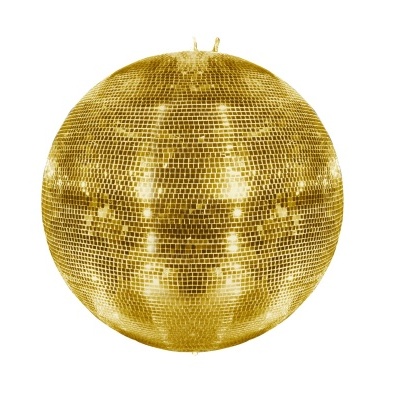 Bola de discoteca dourada com superfície espelhada e argolas para pendurar
