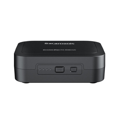 Caixa eletrónica Saramonic preta com botões e LEDs indicadores