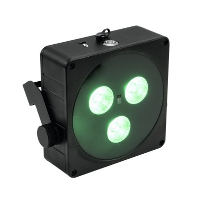 Projetor LED preto compacto com três luzes verdes e suporte lateral