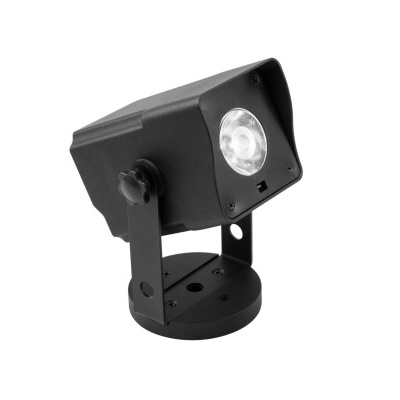 Projetor LED pequeno preto com base redonda e ajuste de ângulo