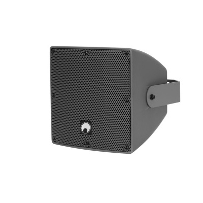 Coluna de som cinzenta com grelha perfurada e suporte lateral