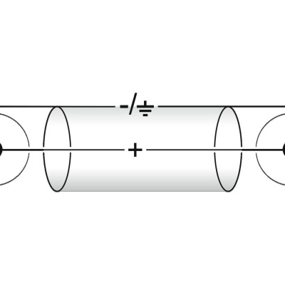 Fusível cilíndrico de vidro com terminais metálicos e polaridades marcadas