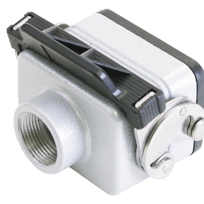 Conector elétrico metálico cinza com botão prateado e detalhe preto e branco