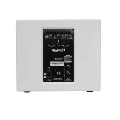 Subwoofer branco com painel traseiro preto e botões