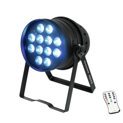 Luz LED azul para palco com suporte preto e comando remoto branco.