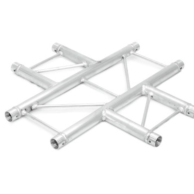 Estrutura metálica prateada com tubos e ligações triangulares