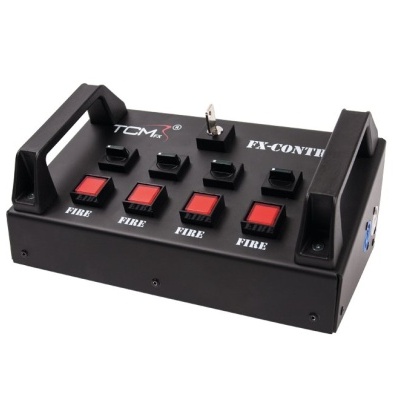 Comando elétrico FX-CONTROL da TCM com botões vermelhos e pretos e alças laterais pretas