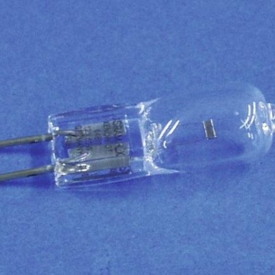 Lâmpada halógena pequena com base de dois pinos sobre fundo azul