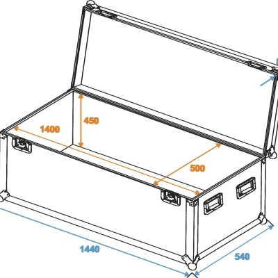 Baú retangular aberto com medidas em milímetros e alças metálicas