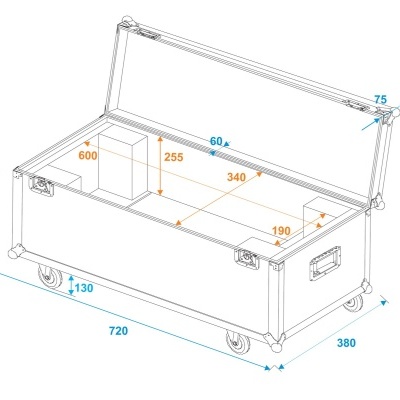 Caixa branca com tampa aberta, rodas, alças laterais e dimensões indicadas em milímetros